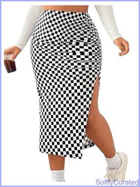 Plus Size Checkered Split Midi High Waist Pencil Skirt
